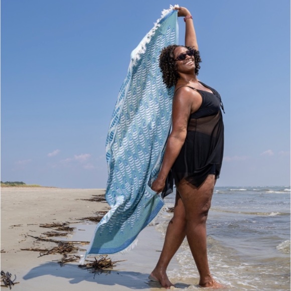 School of Fish Towel Soft Muslin Layered Weave Organic Cotton XL Sea Green Blue - Picture 11 of 12